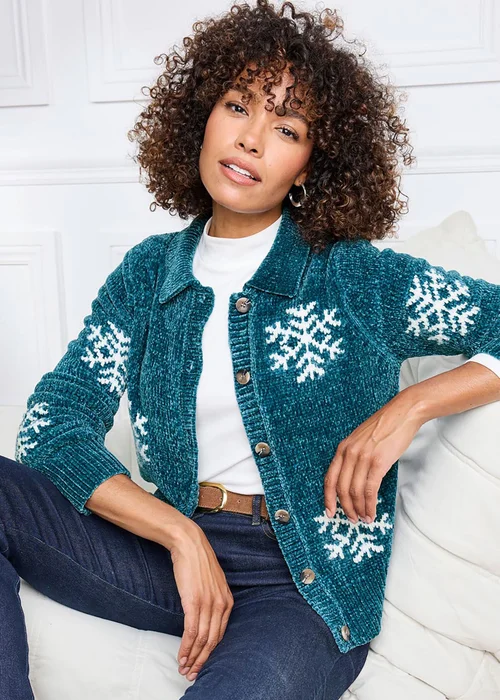 Cotton Traders Kingfisher Chenille Snowflake Cardigan - 16 Image 1