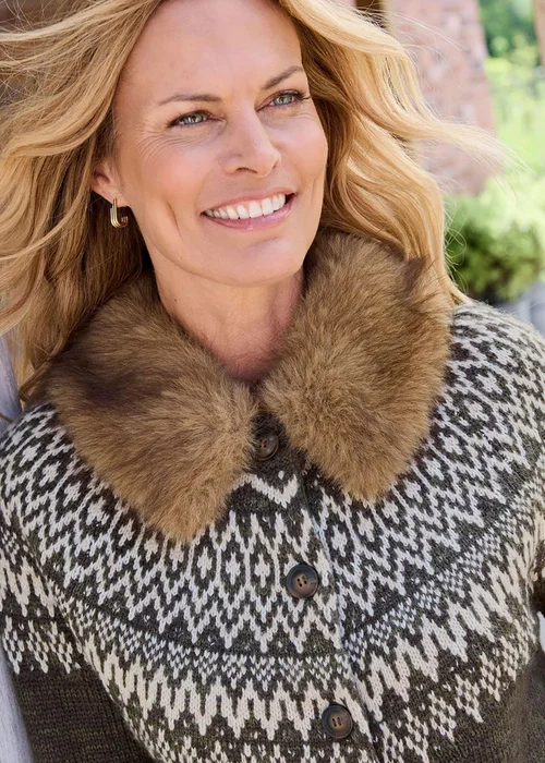 Cotton Traders Deep Khaki Fair Isle Faux Fur Collar Cardigan - 18 Image 4