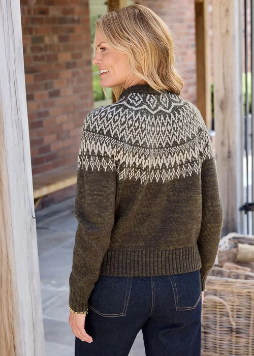 Cotton Traders Deep Khaki Fair Isle Faux Fur Collar Cardigan - 18 Image 3