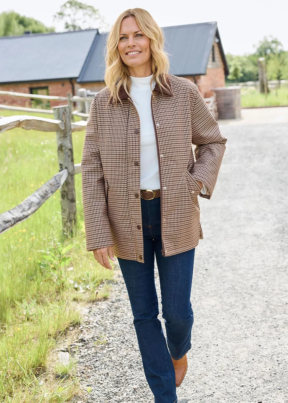 Cotton Traders Chocolate Cord Trim Check Coat - 18 Image 1