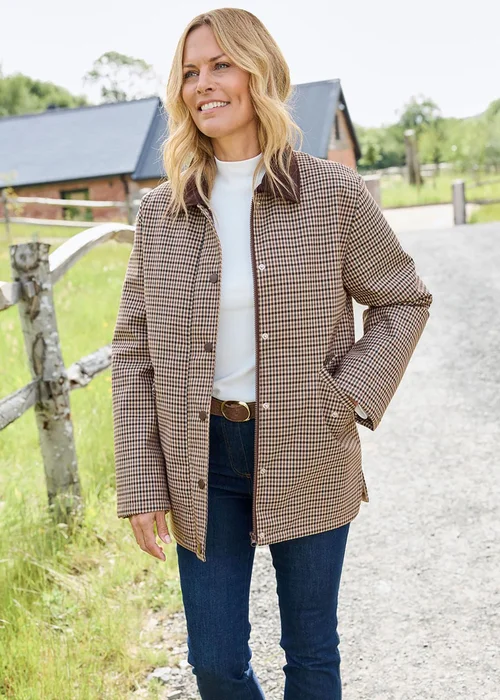 Cotton Traders Chocolate Cord Trim Check Coat - 18 Image 2