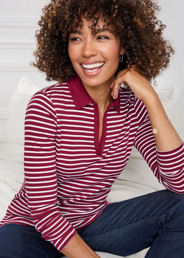 Cotton Traders Ruby Cosy Up Long Sleeve Stripe Polo Shirt