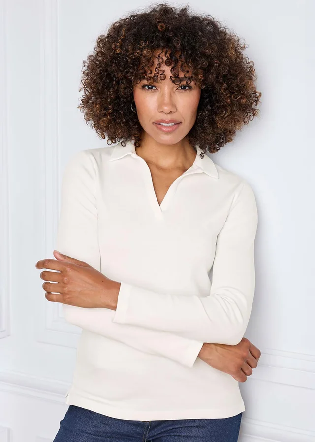 Cotton Traders Pale Cream Cosy Up Long Sleeve Polo Shirt