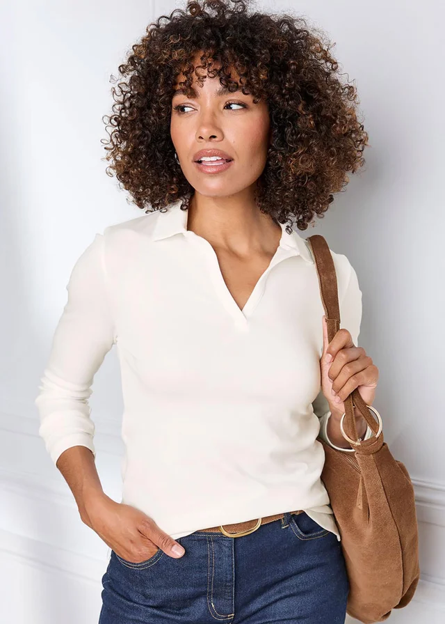 Cotton Traders Pale Cream Cosy Up Long Sleeve Polo Shirt