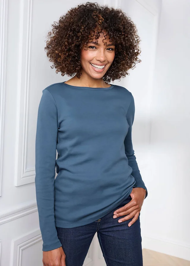 Cotton Traders Cornflower Blue Cosy Up Long Sleeve Boat Neck Top