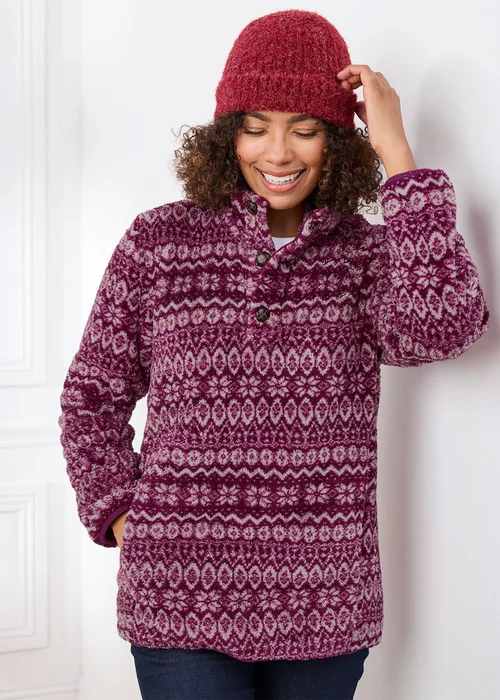 Cotton Traders Magenta Soft Button Neck Fleece - M Image 1