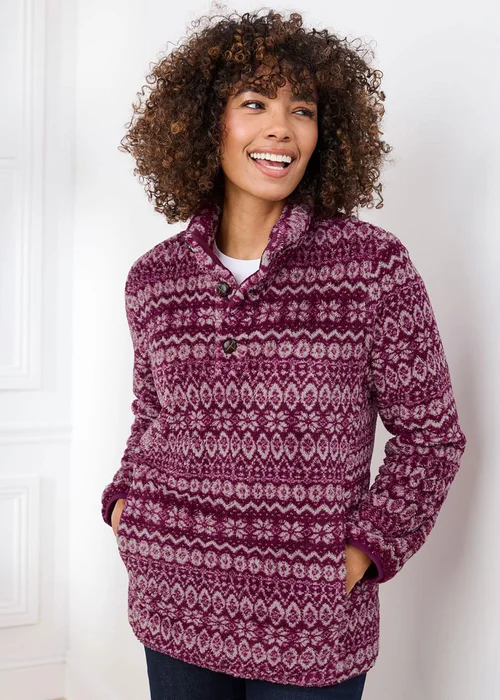Cotton Traders Magenta Soft Button Neck Fleece - M Image 2