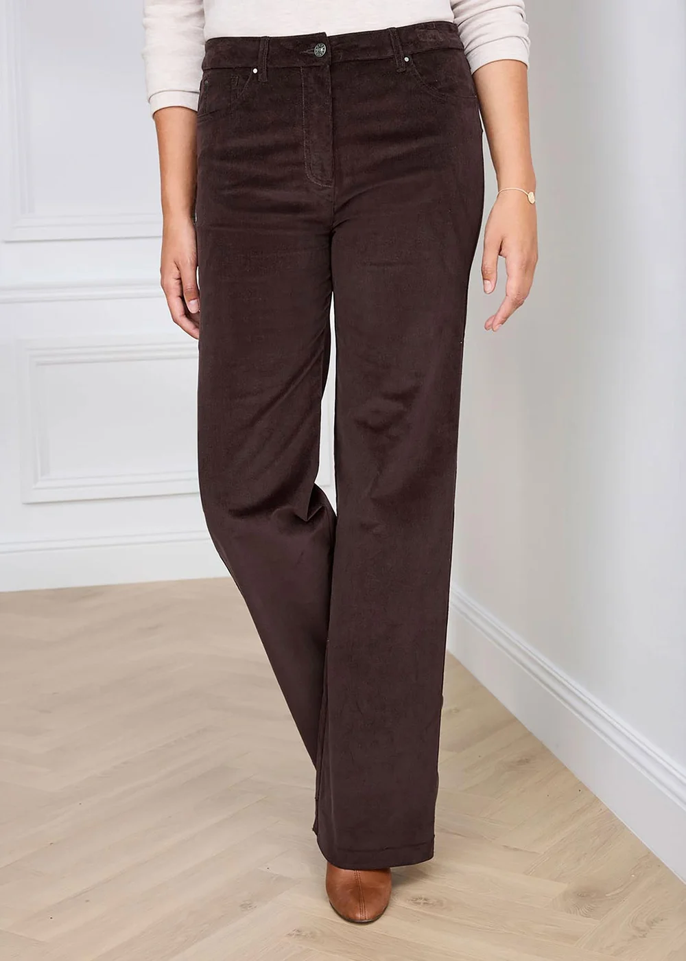 Cotton Traders Dark Chocolate Wide-Leg Stretch Cord Trousers - 22/L29 Image 2