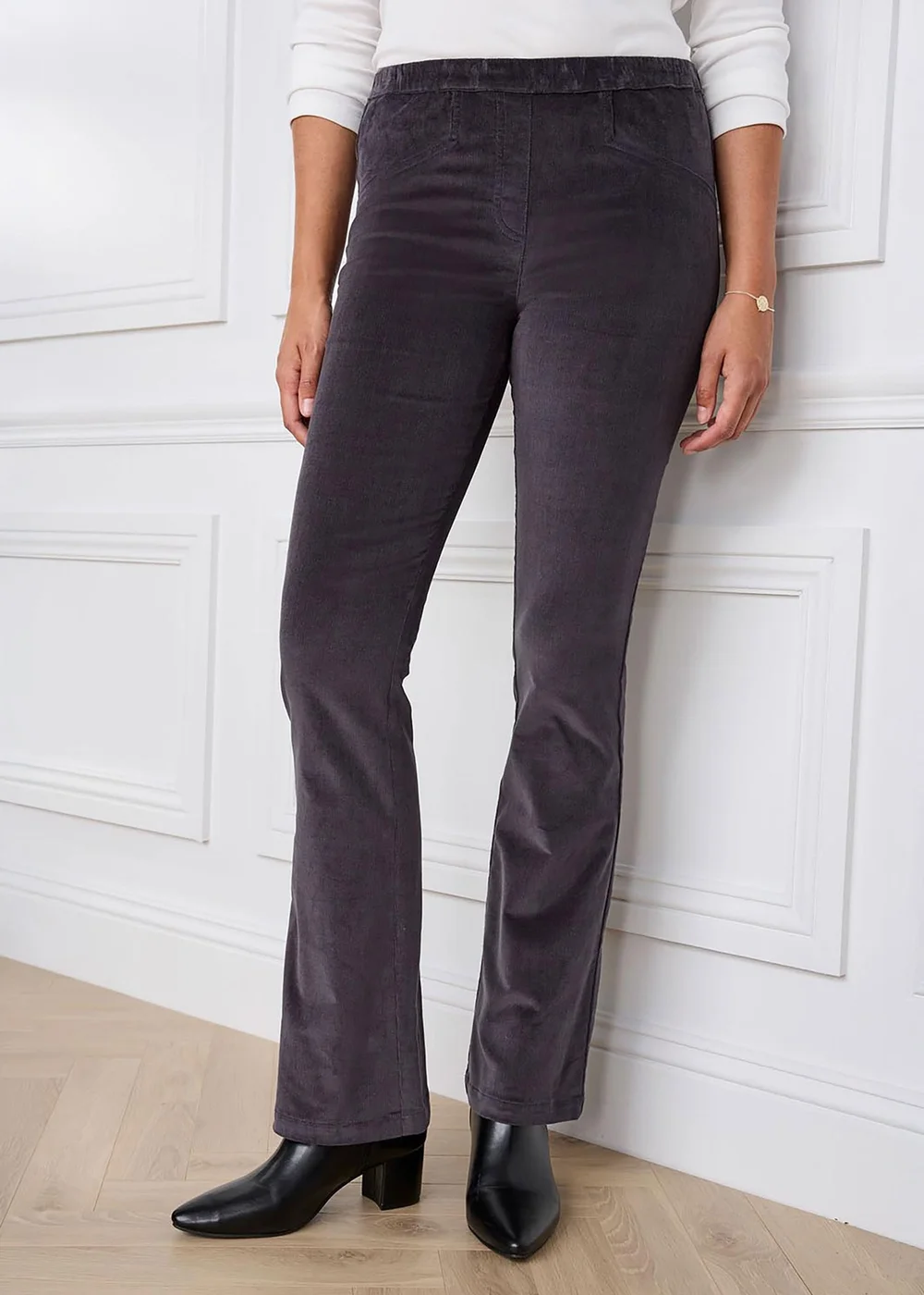 Cotton Traders Storm Grey Pull On Stretch Bootcut Cord Trousers - 22/L27 Image 2