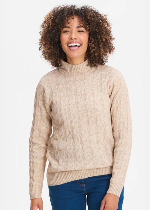 Cotton Traders Oat Cable Turtle Neck Jumper - 2XL Image 1