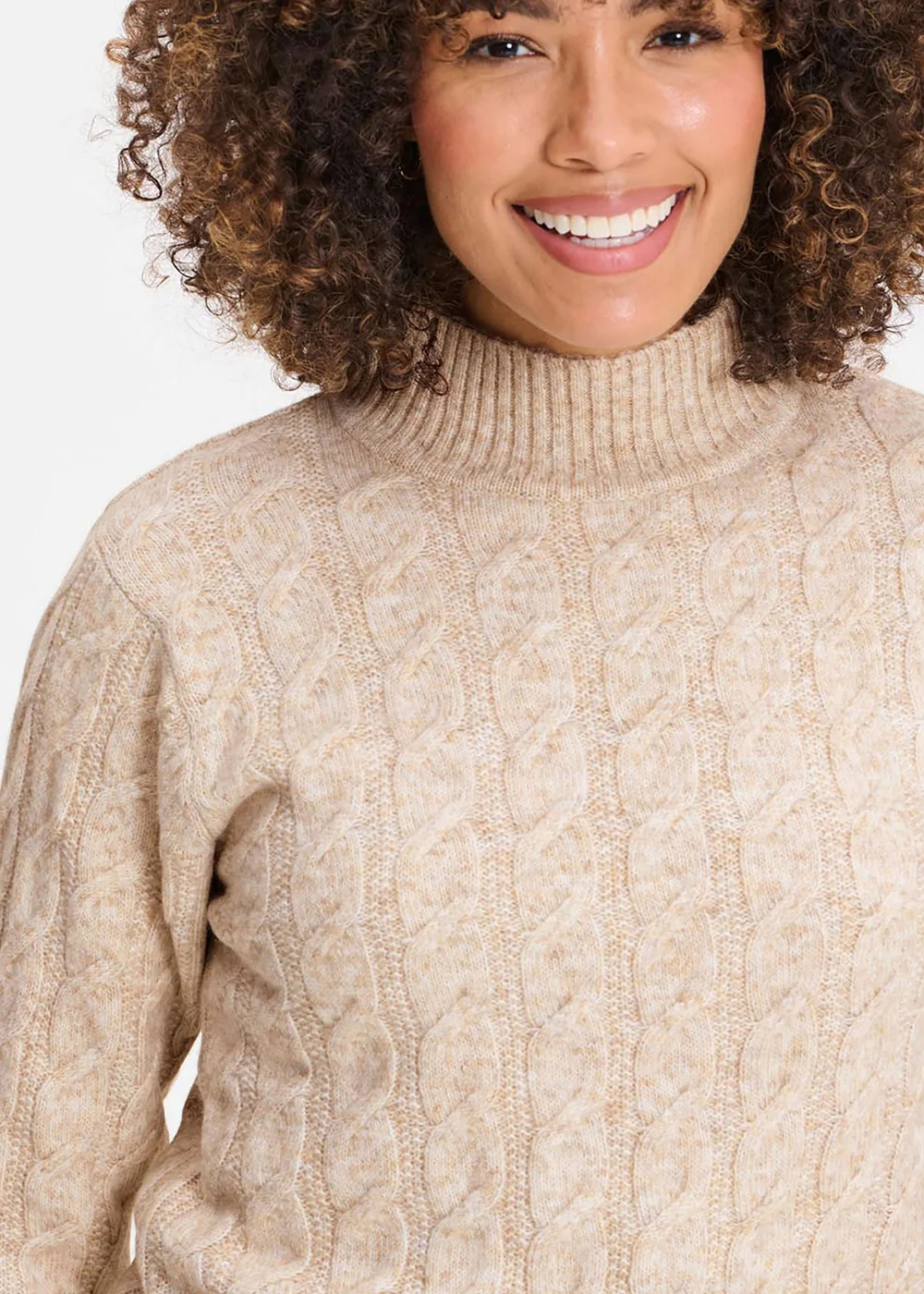 Cotton Traders Oat Cable Turtle Neck Jumper - 2XL Image 3