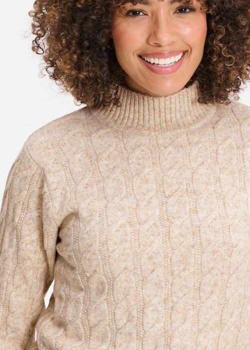 Cotton Traders Oat Cable Turtle Neck Jumper - 2XL Image 3