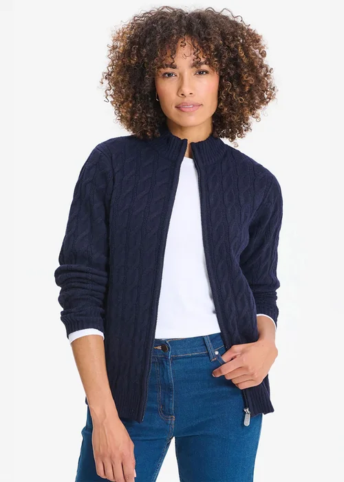 Cotton Traders Navy Cable Zip Through Cardigan - XL Image 1