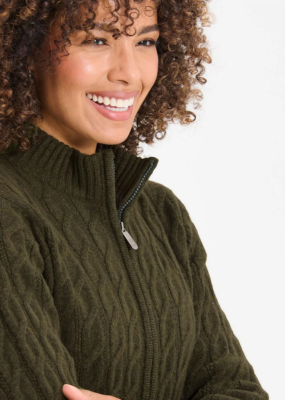 Cotton Traders Dark Khaki Cable Zip Through Cardigan - L Image 3