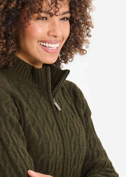 Cotton Traders Dark Khaki Cable Zip Through Cardigan - L Image 3