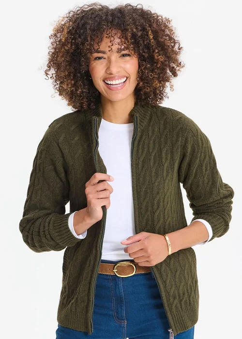 Cotton Traders Dark Khaki Cable Zip Through Cardigan - L Image 1