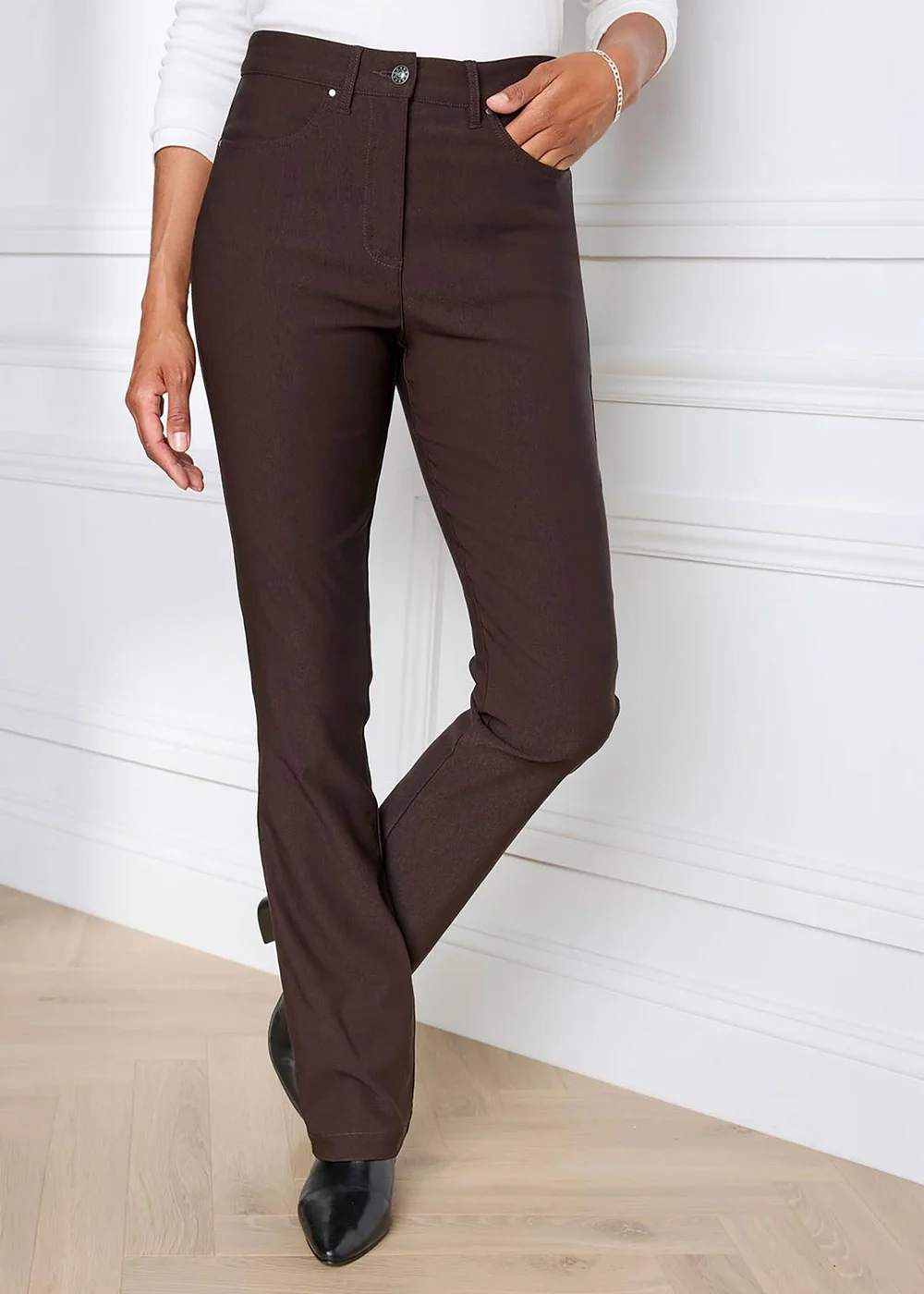 Cotton Traders Dark Chocolate Super Stretchy Bootcut Trousers - 14/L29 Image 1