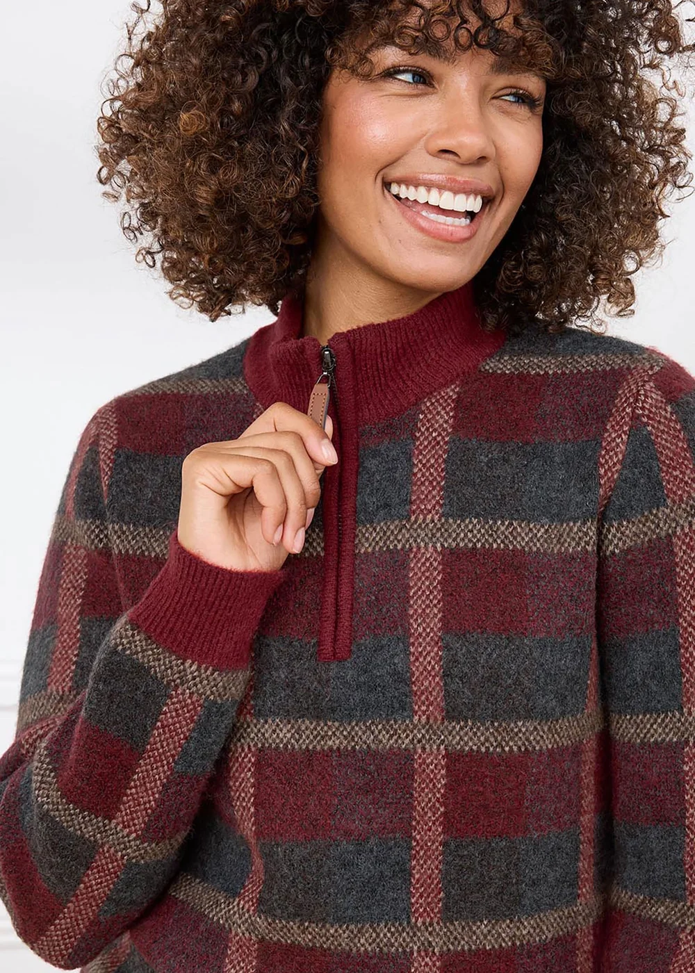 Cotton Traders Burgundy Check Knit Half Zip Jumper - S Image 2