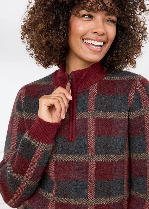 Cotton Traders Burgundy Check Knit Half Zip Jumper - S Image 2