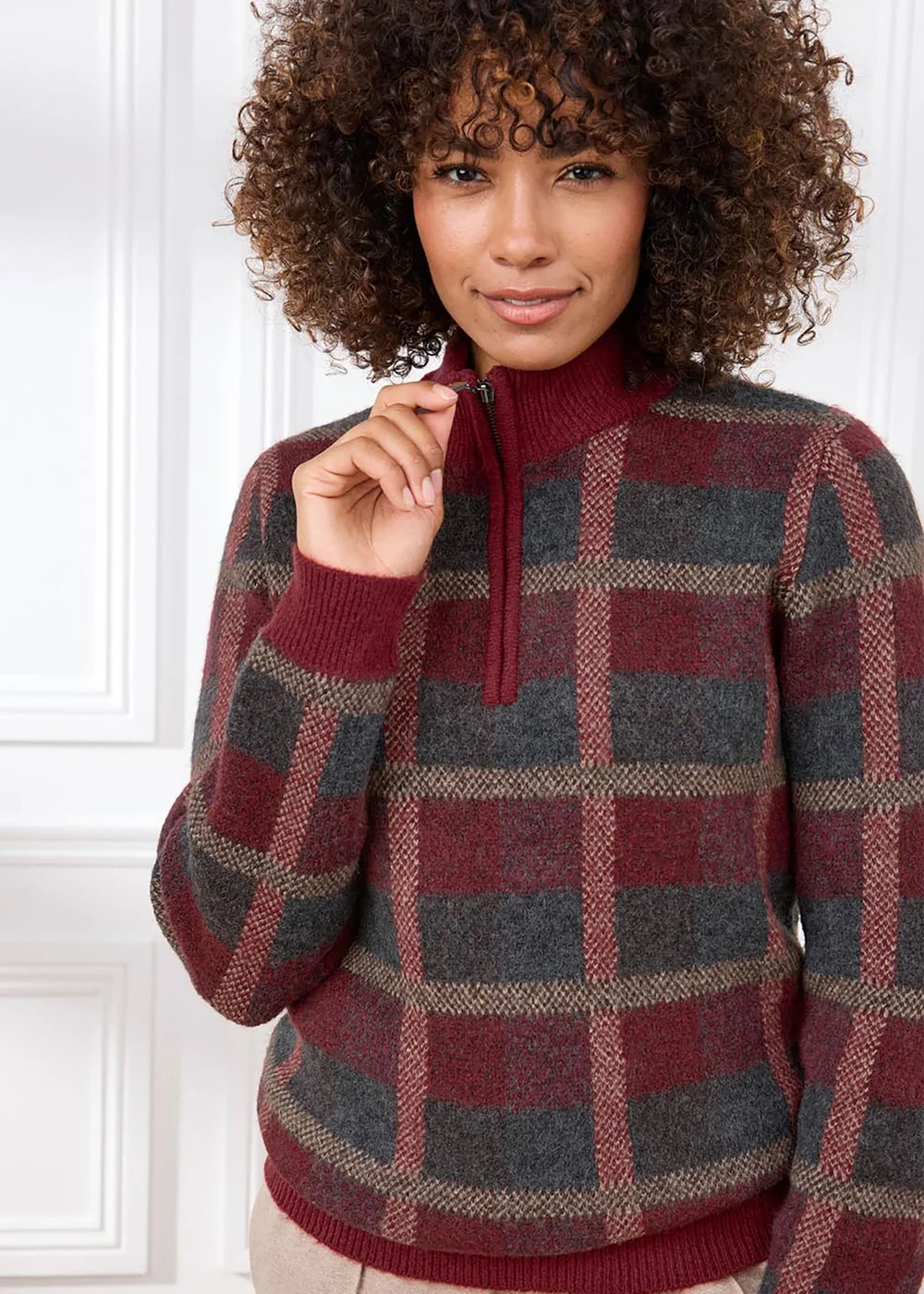 Cotton Traders Burgundy Check Knit Half Zip Jumper - S Image 4