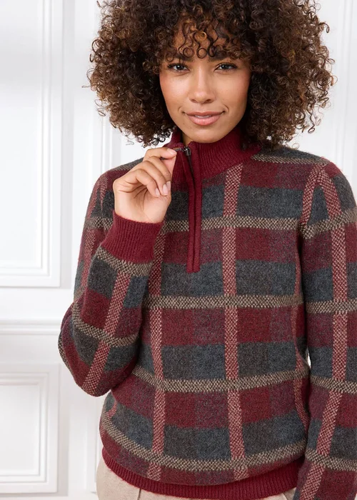 Cotton Traders Burgundy Check Knit Half Zip Jumper - S Image 4