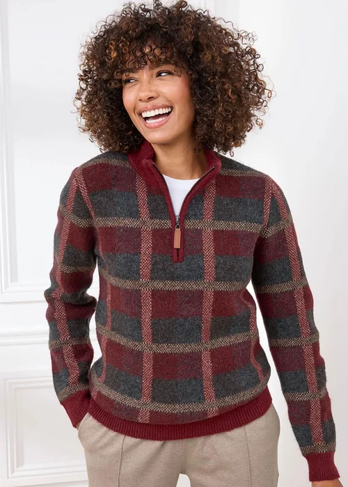 Cotton Traders Burgundy Check Knit Half Zip Jumper - S Image 1