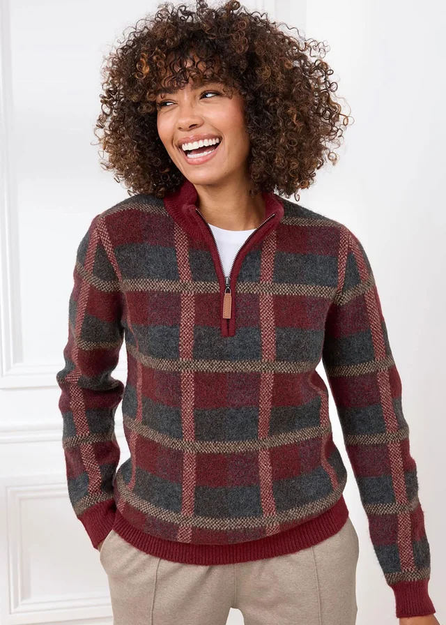 Cotton Traders Burgundy Check Knit Half Zip Jumper