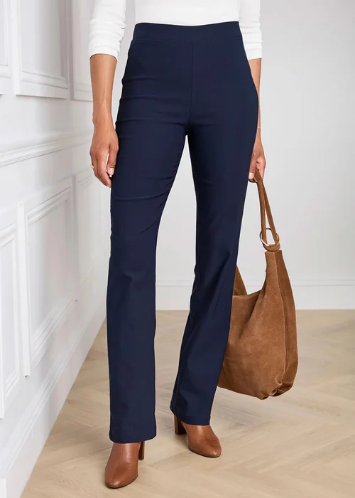 Cotton Traders Navy Super Stretchy Straight Leg Pull On Cosy Trousers - 14/L27 Image 1