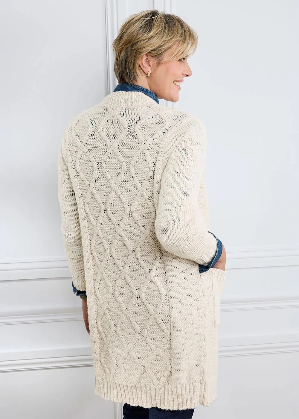 Cotton Traders Ecru Longline Cable Cardigan - 16 Image 3
