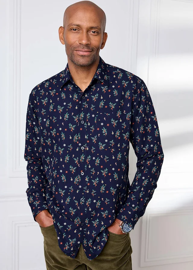 Cotton Traders Navy Long Sleeve Soft Touch Christmas Print Shirt