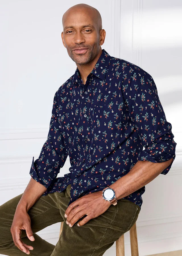 Cotton Traders Navy Long Sleeve Soft Touch Christmas Print Shirt