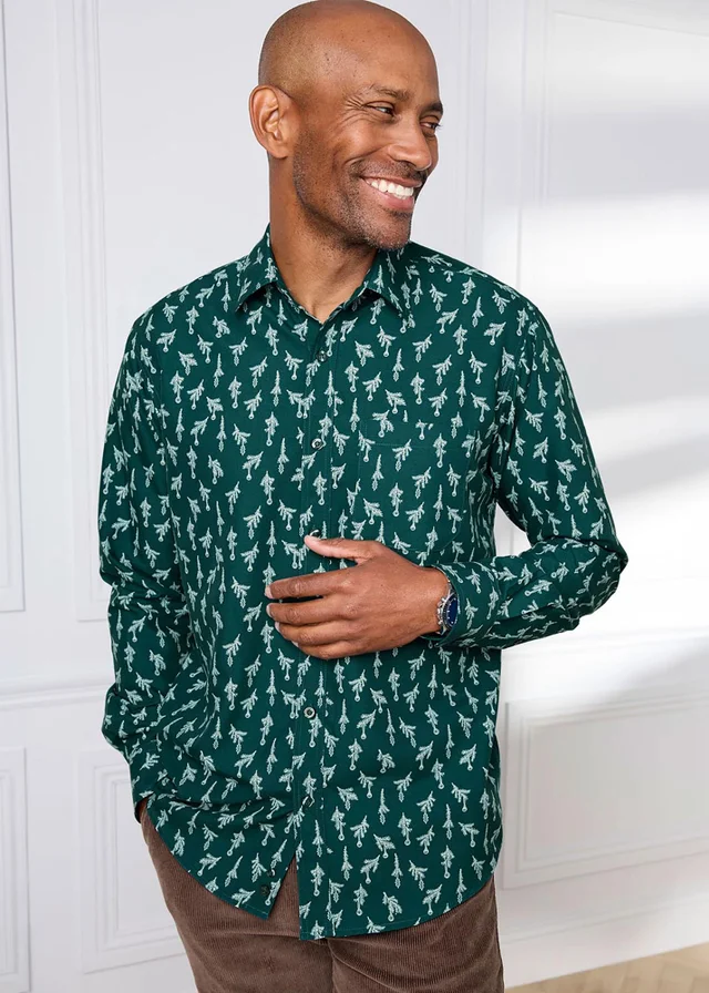 Cotton Traders Dark Teal Long Sleeve Soft Touch Christmas Print Shirt