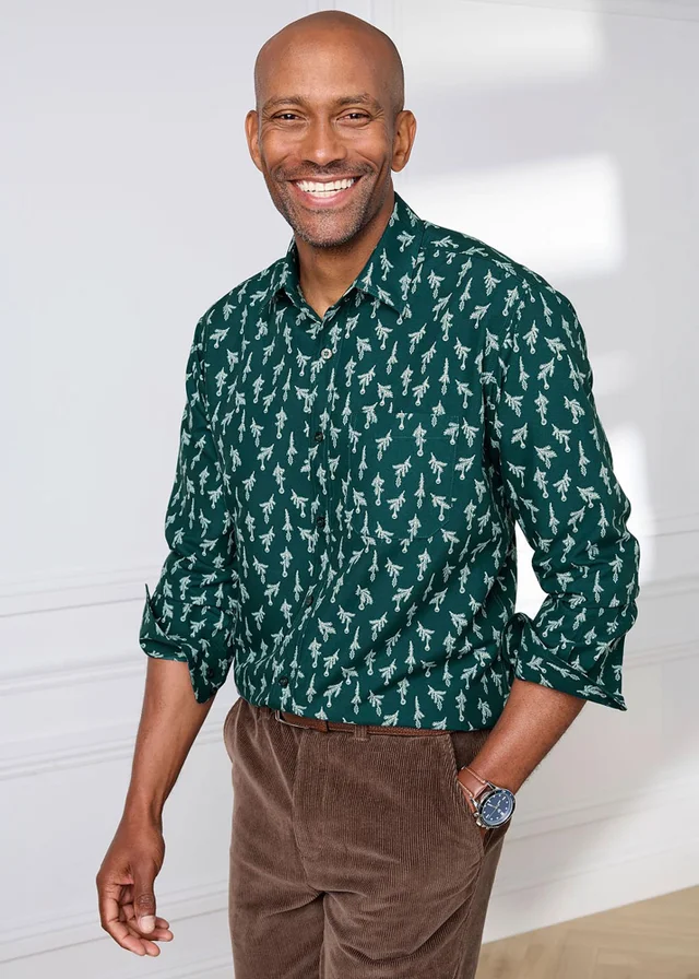 Cotton Traders Dark Teal Long Sleeve Soft Touch Christmas Print Shirt