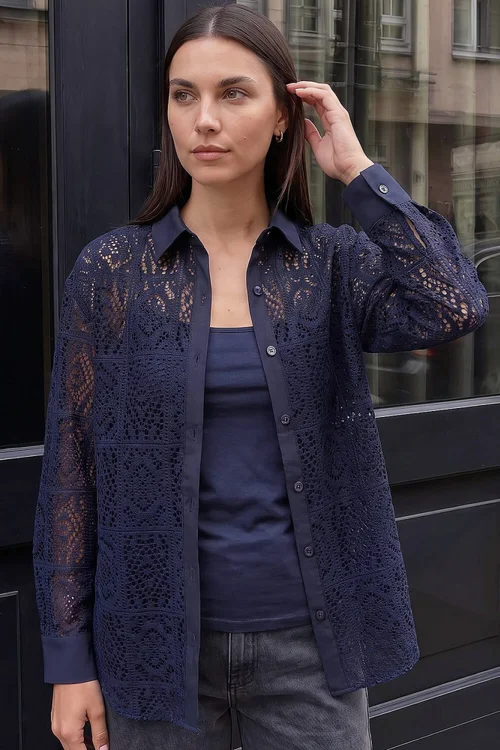 Roman Navy Lace Button Through Collared Shirt - 14 Image 1