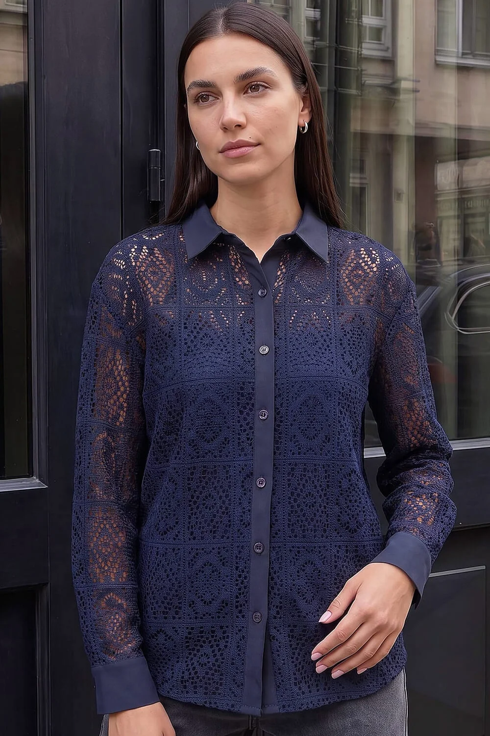Roman Navy Lace Button Through Collared Shirt - 14 Image 2