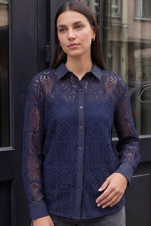 Roman Navy Lace Button Through Collared Shirt - 14 Image 2