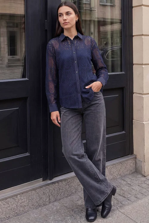 Roman Navy Lace Button Through Collared Shirt - 14 Image 3