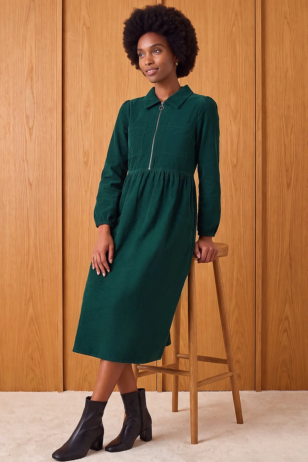 Roman Dark Green Corduroy Zip Detail Midi Dress - 16 Image 2