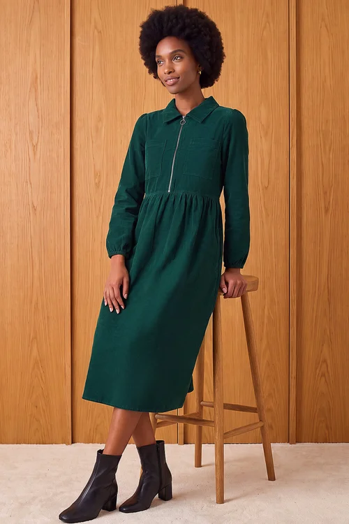 Roman Dark Green Corduroy Zip Detail Midi Dress - 16 Image 2