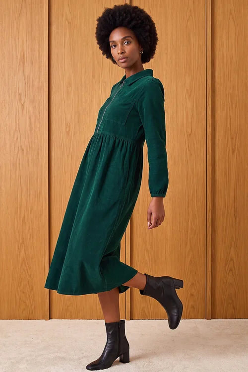Roman Dark Green Corduroy Zip Detail Midi Dress - 16 Image 3
