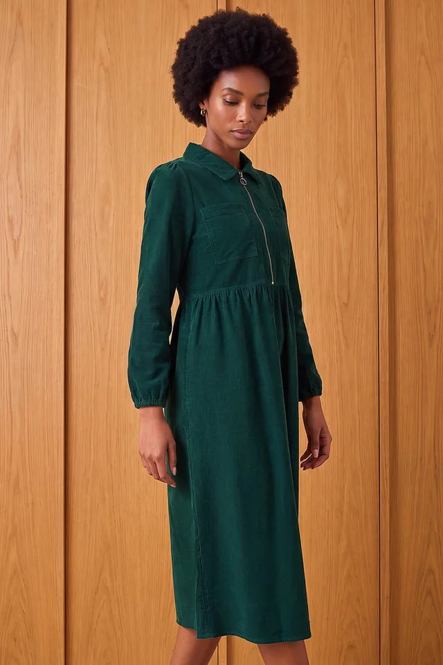 Roman Dark Green Corduroy Zip Detail Midi Dress