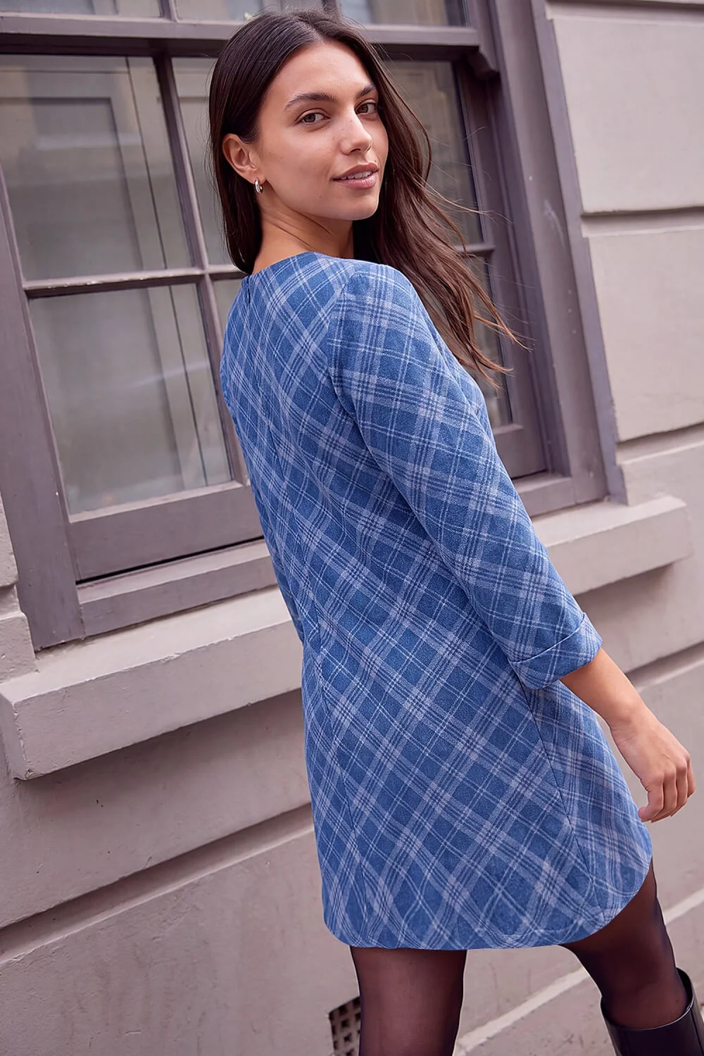 Roman Denim Check A-Line Short Dress - 20 Image 4