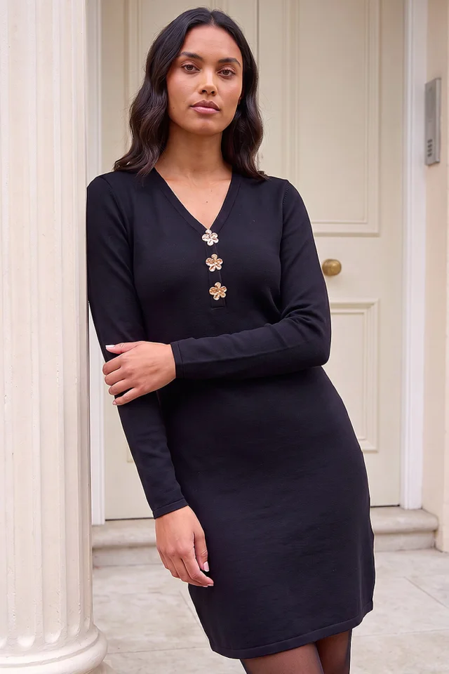 Roman Black Floral Button Knitted Dress