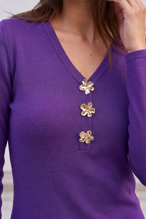Roman Purple Floral Button Knitted Dress - 14 Image 4