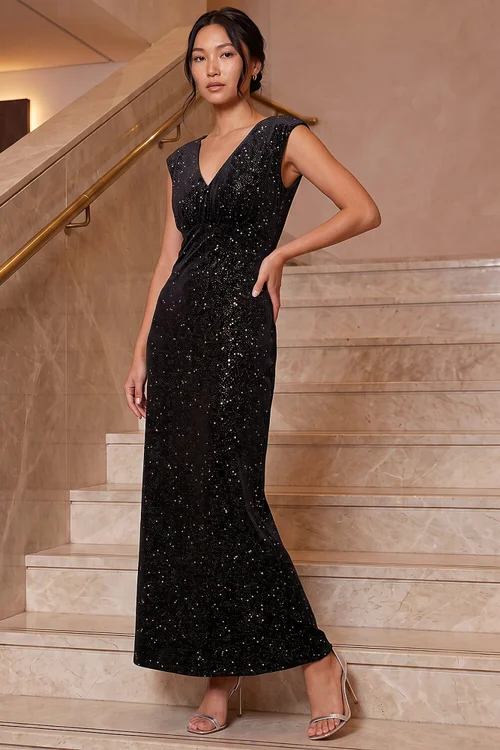 Roman Black Shimmer Velvet Maxi Dress - 14 Image 1