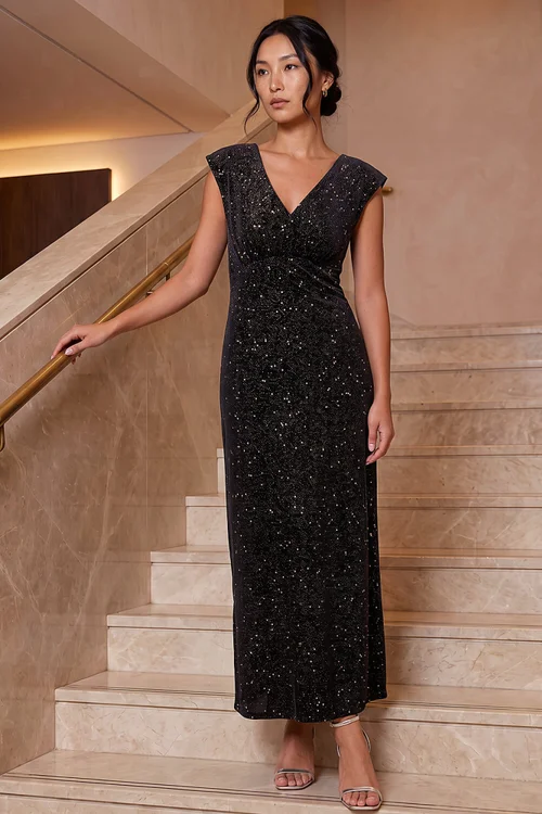 Roman Black Shimmer Velvet Maxi Dress - 14 Image 2