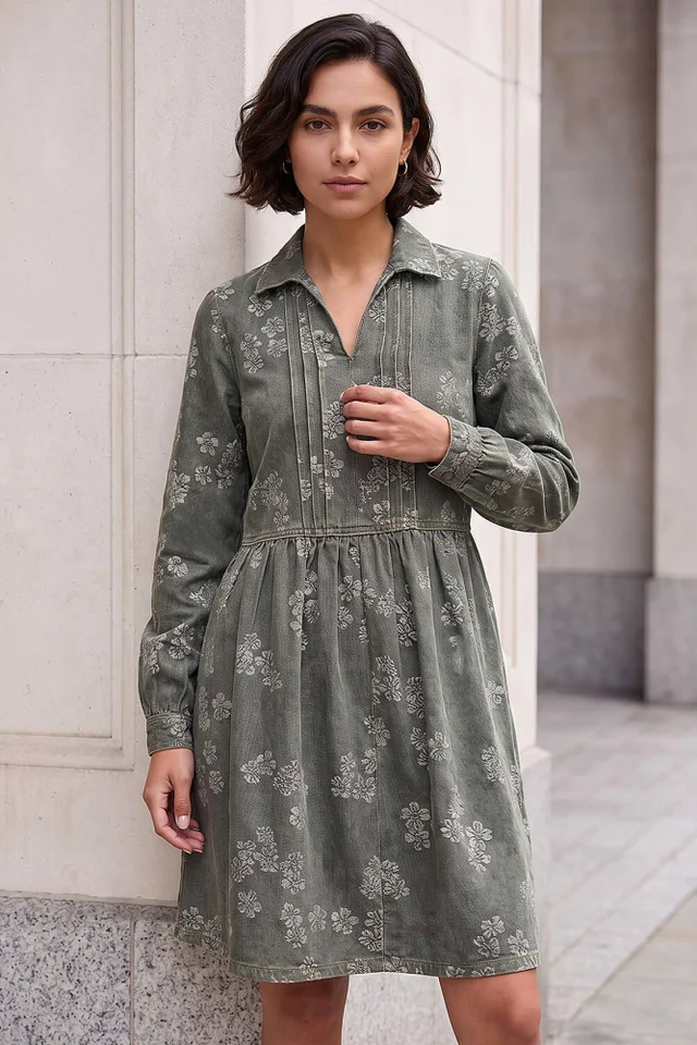 Roman Green Denim Jacquard Dress