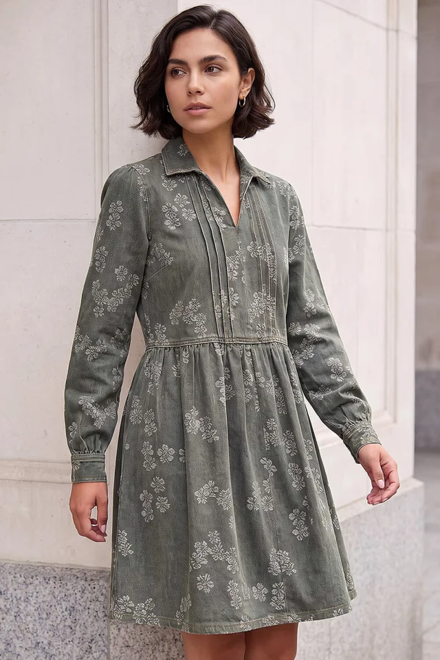 Roman Green Denim Jacquard Dress