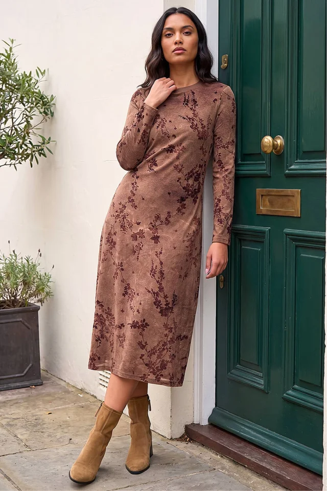 Roman Chocolate Floral Flocked Midi Dress