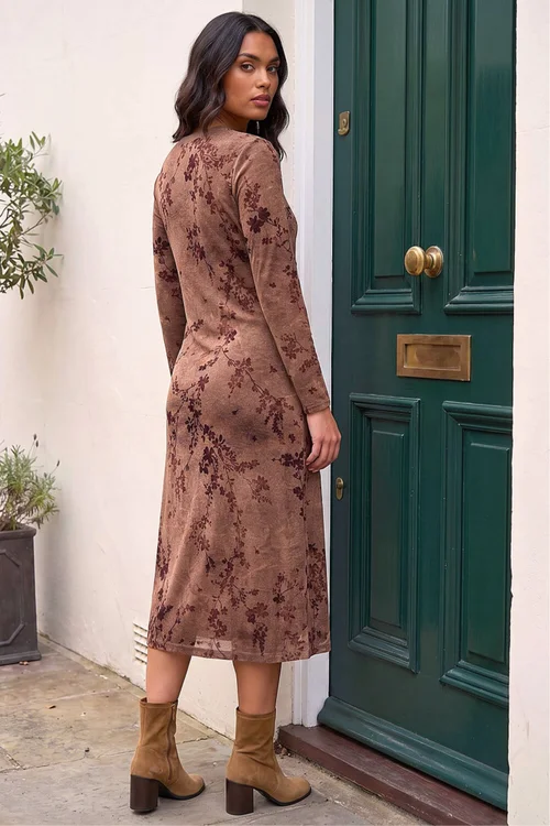 Roman Chocolate Floral Flocked Midi Dress - 14 Image 3